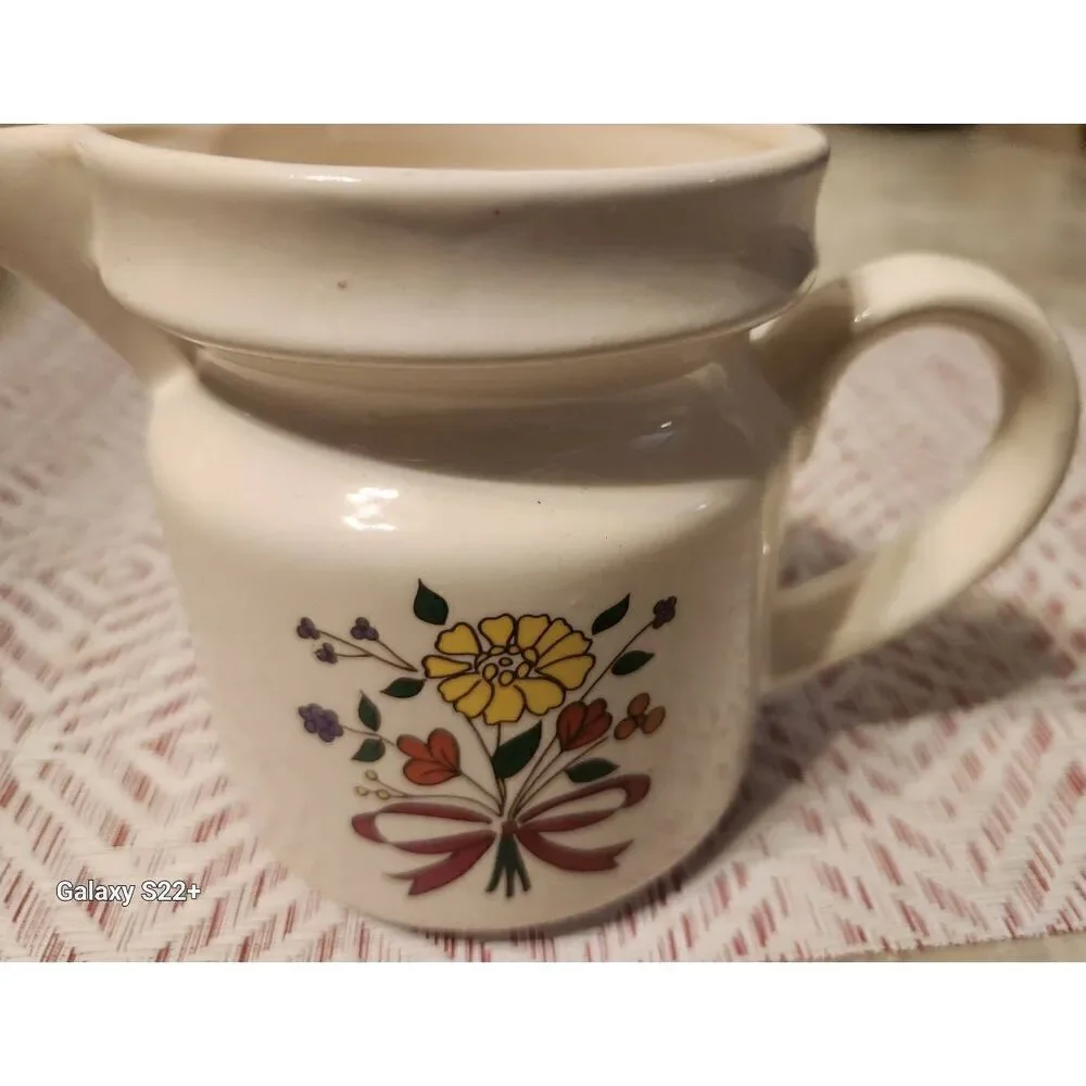 SL Vintage Small Ceramic Stoneware pitcher, Creamer w Yellow & orange floral
